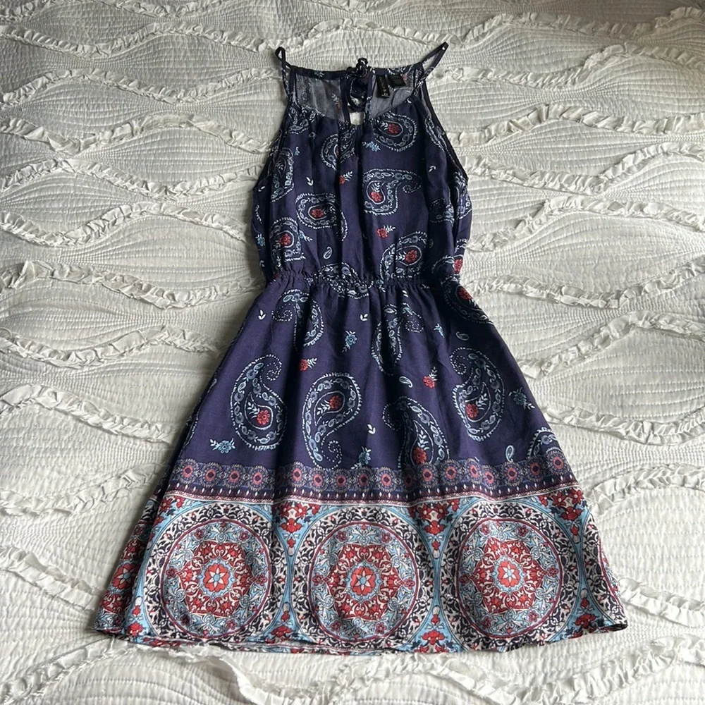 paisley print navy halter neck dress - Picture 2 of 7